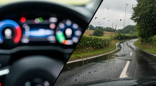 Vue de l'intérieur d'une voiture avec des systèmes électroniques d'aide à la conduite et des alertes visuelles sur le tableau de bord