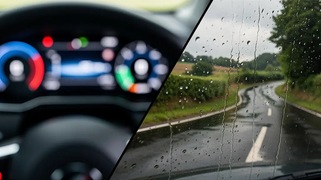 Vue de l'intérieur d'une voiture avec des systèmes électroniques d'aide à la conduite et des alertes visuelles sur le tableau de bord