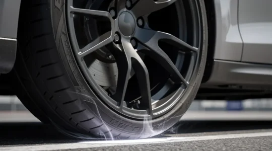 Vue rapprochée d'une roue avant avec carrossage négatif sur une voiture de sport en virage sur circuit