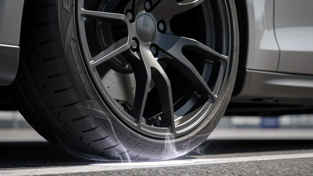 Vue rapprochée d'une roue avant avec carrossage négatif sur une voiture de sport en virage sur circuit