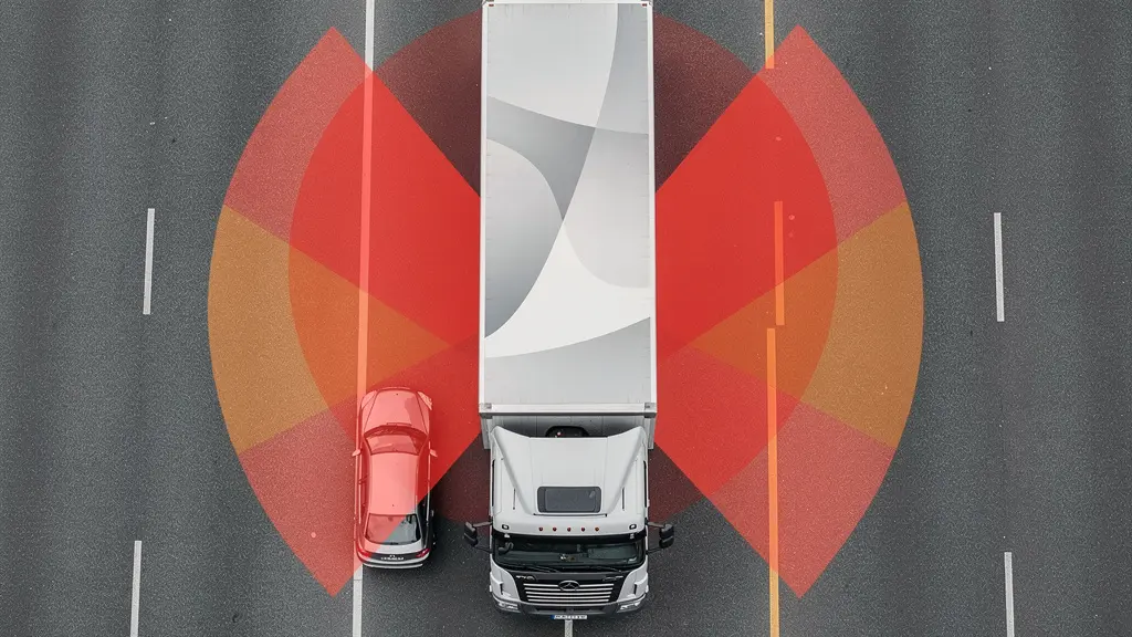 Vue du dessus montrant les zones d'angles morts autour d'un camion avec positionnement sécurisé d'une voiture