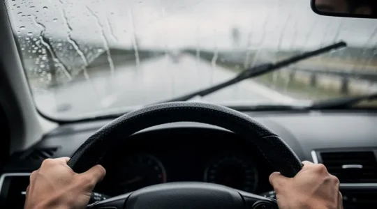 Vue intérieure d'une voiture sous forte pluie montrant les mains sur le volant et la route inondée