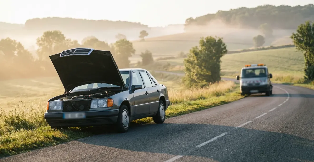 Voiture ancienne immobilisée sur le bord d'une route française avec assistance arrivée