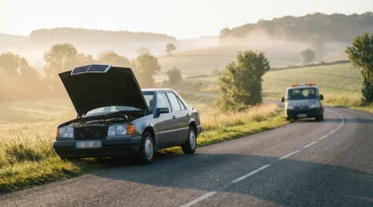 Voiture ancienne immobilisée sur le bord d'une route française avec assistance arrivée