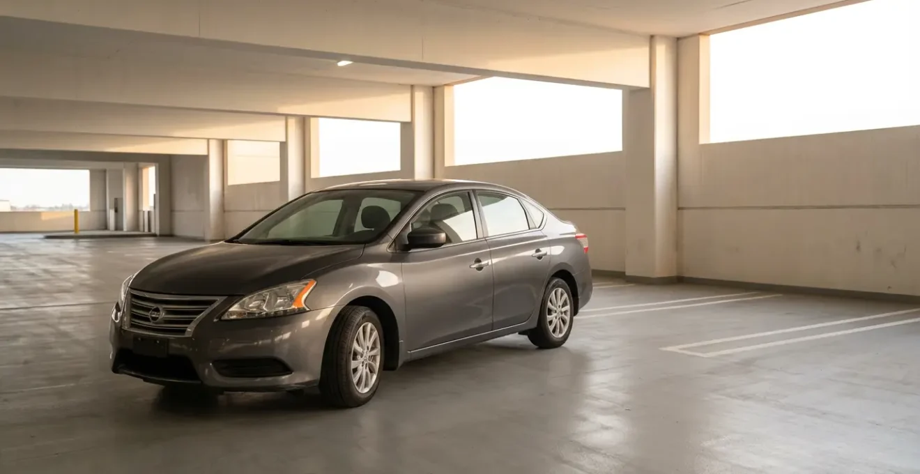 Voiture moderne de 4 ans dans un parking sécurisé, mise en valeur dans une lumière dorée suggérant la protection et la sérénité