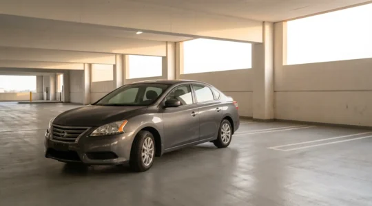 Voiture moderne de 4 ans dans un parking sécurisé, mise en valeur dans une lumière dorée suggérant la protection et la sérénité