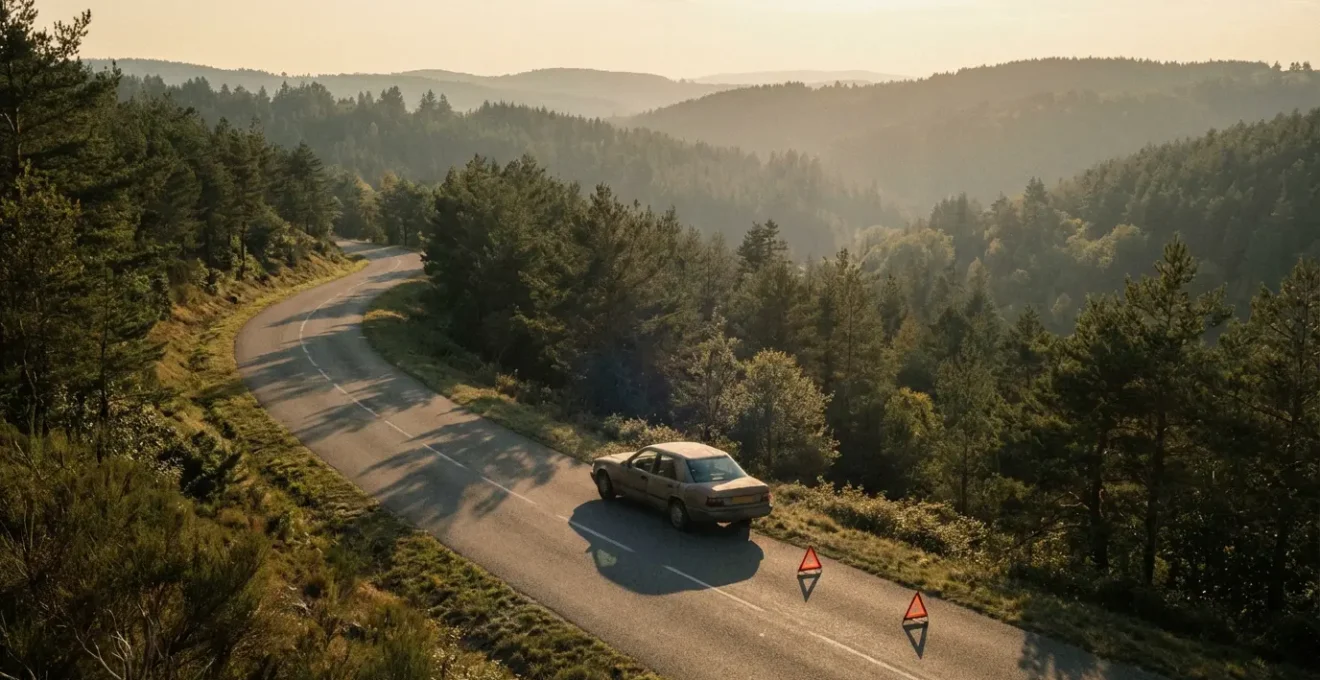 Véhicule immobilisé sur une petite route de campagne française en attente d'assistance