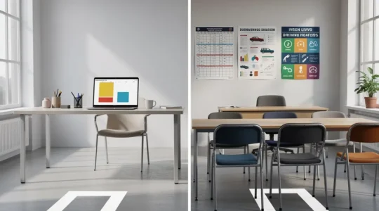 Comparaison visuelle entre auto-école en ligne et traditionnelle pour obtenir rapidement une date d'examen