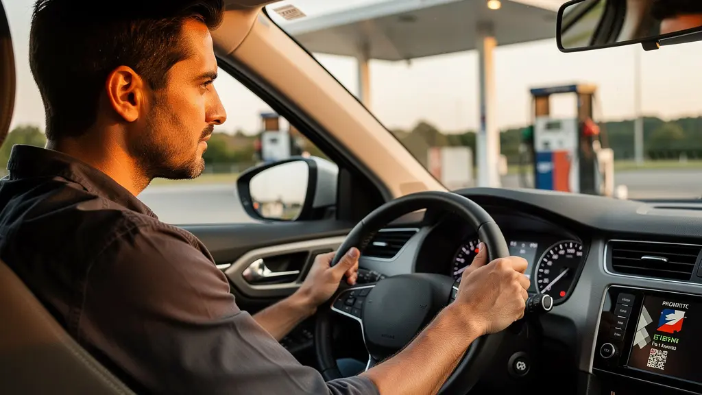 Un automobiliste français consulte son ordinateur de bord devant une pompe à essence pour calculer sa consommation