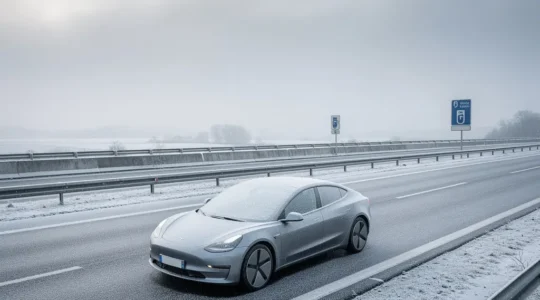 Voiture électrique sur autoroute française enneigée avec borne de recharge visible
