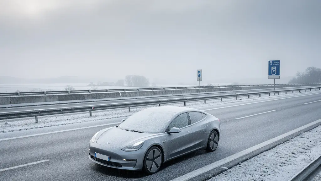 Voiture électrique sur autoroute française enneigée avec borne de recharge visible
