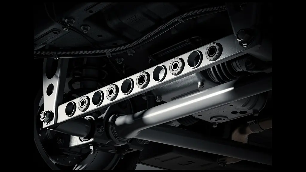 Vue technique sous caisse montrant une barre stabilisatrice arrière réglable avec différents points d'ancrage