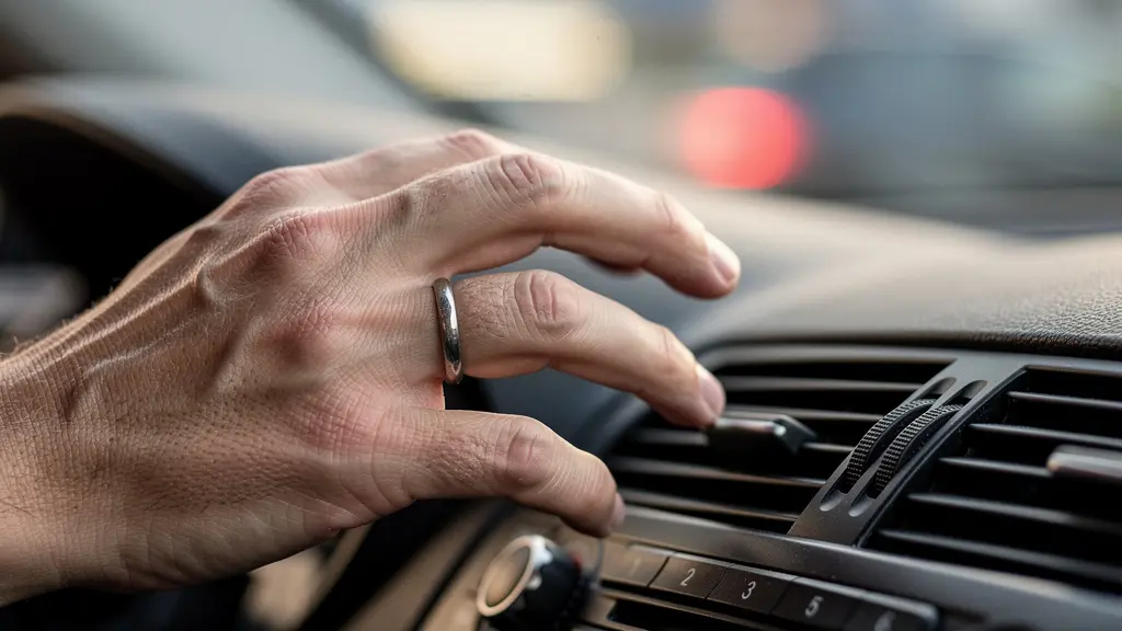 Gros plan sur les mains d'un conducteur hésitant sur les commandes du tableau de bord avec reflets urbains