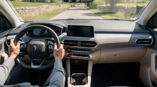 Intérieur de voiture moderne avec tableau de bord numérique et système Bluetooth intégré activé, conducteur au volant avec les deux mains positionnées correctement