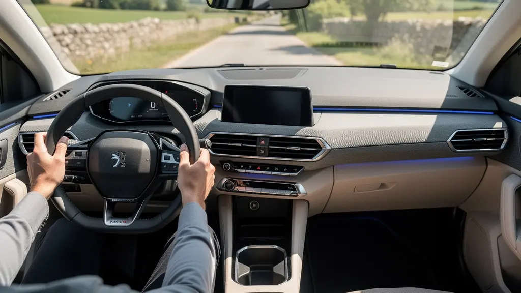 Intérieur de voiture moderne avec tableau de bord numérique et système Bluetooth intégré activé, conducteur au volant avec les deux mains positionnées correctement
