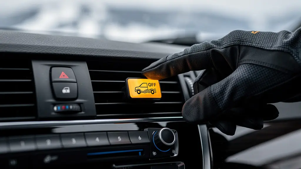 Main d'un conducteur avec des gants d'hiver appuyant sur le bouton ESP OFF illuminé sur le tableau de bord d'une voiture, avec un paysage enneigé en reflet.