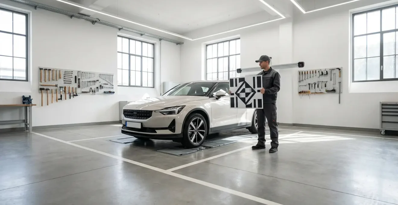 Technicien utilisant un équipement de calibrage sur une voiture dans un atelier spécialisé