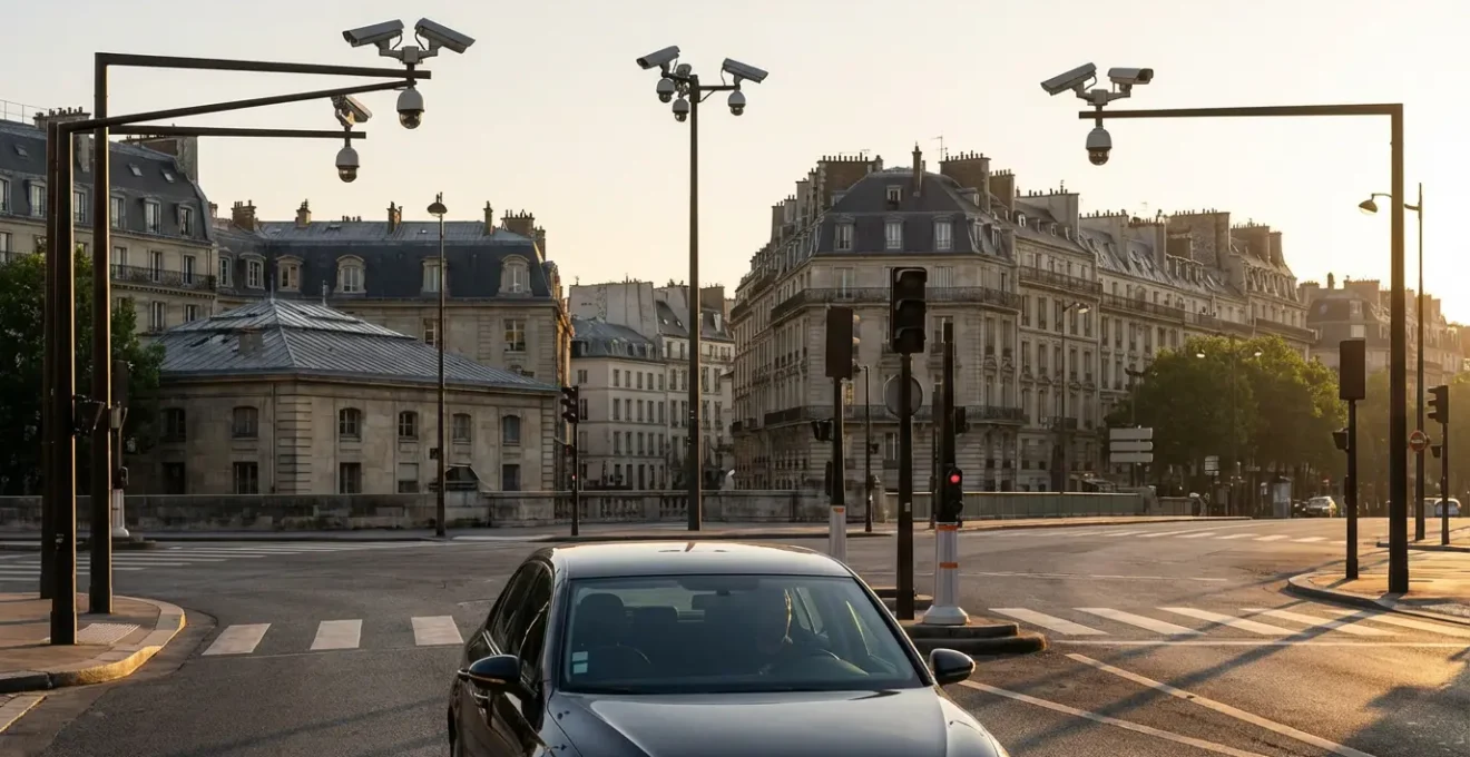 Carrefour urbain avec conducteur au volant face à plusieurs caméras de vidéo-verbalisation