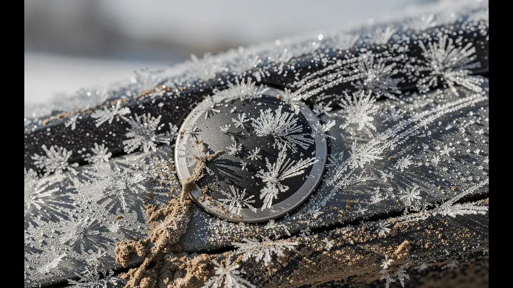Vue macro d'un capteur radar de pare-chocs recouvert de givre et de sel avec effet de texture détaillée