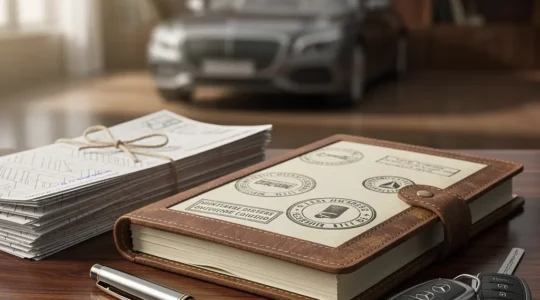 Carnet d'entretien automobile avec tampons et factures exposé sur un bureau en bois noble