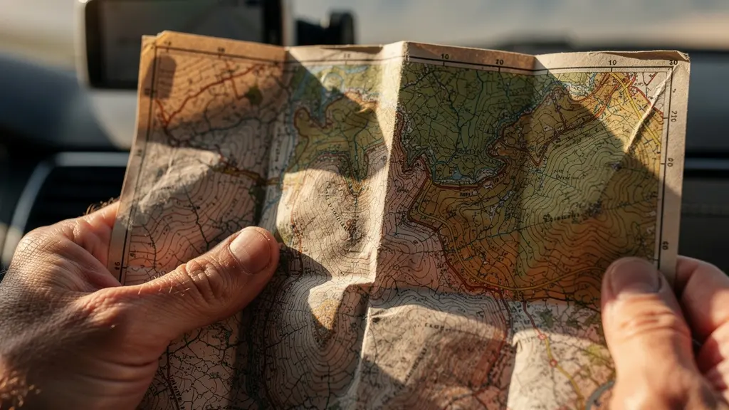 Préparation d'un itinéraire avec carte routière physique et smartphone