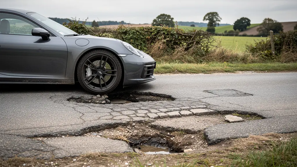 Vue latérale d'une voiture sportive sur route dégradée montrant la suspension en action