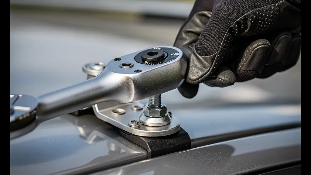 Gros plan sur une main utilisant une clé dynamométrique pour serrer une fixation de barre de toit