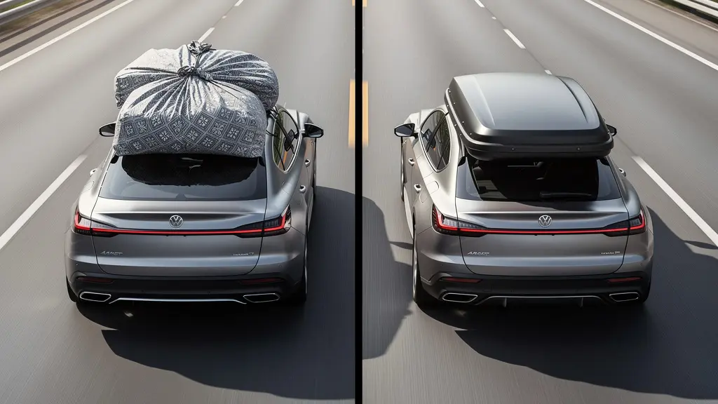 Comparaison visuelle entre un coffre souple gonflé par le vent et un coffre rigide profilé sur autoroute