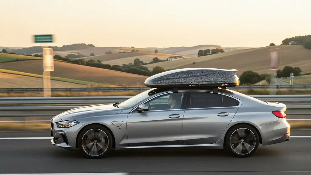 Vue latérale d'une voiture moderne avec un coffre de toit profilé sur une autoroute française au lever du soleil