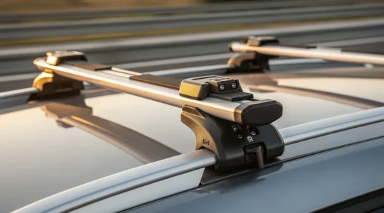 Vue rapprochée des fixations d'un coffre de toit sur une voiture filant sur autoroute