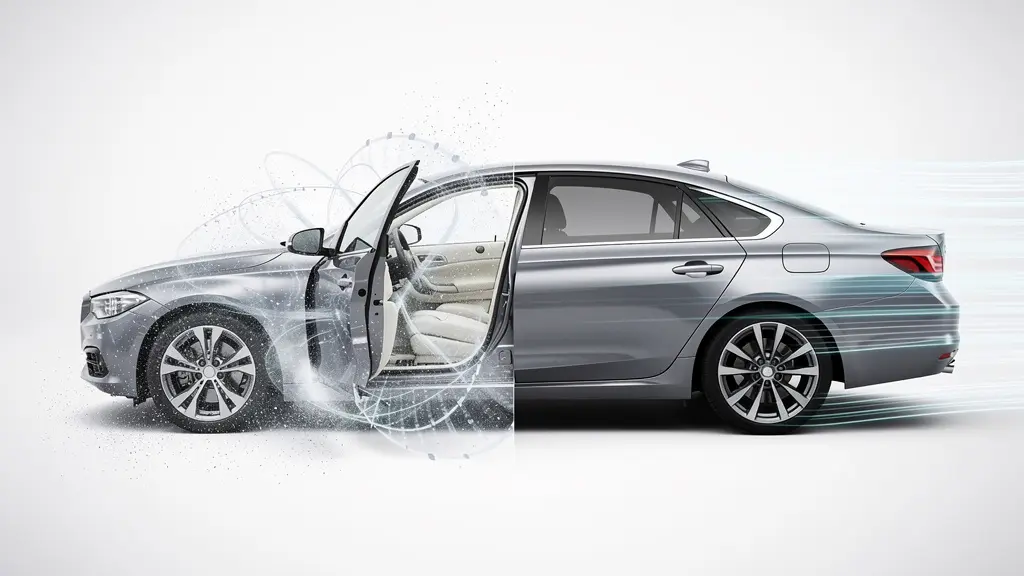 Vue latérale d'une voiture montrant l'impact aérodynamique des fenêtres ouvertes versus fermées