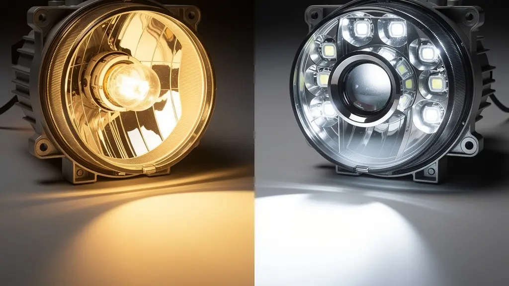 Comparaison visuelle entre une ampoule LED et halogène dans un phare automobile avec faisceau lumineux