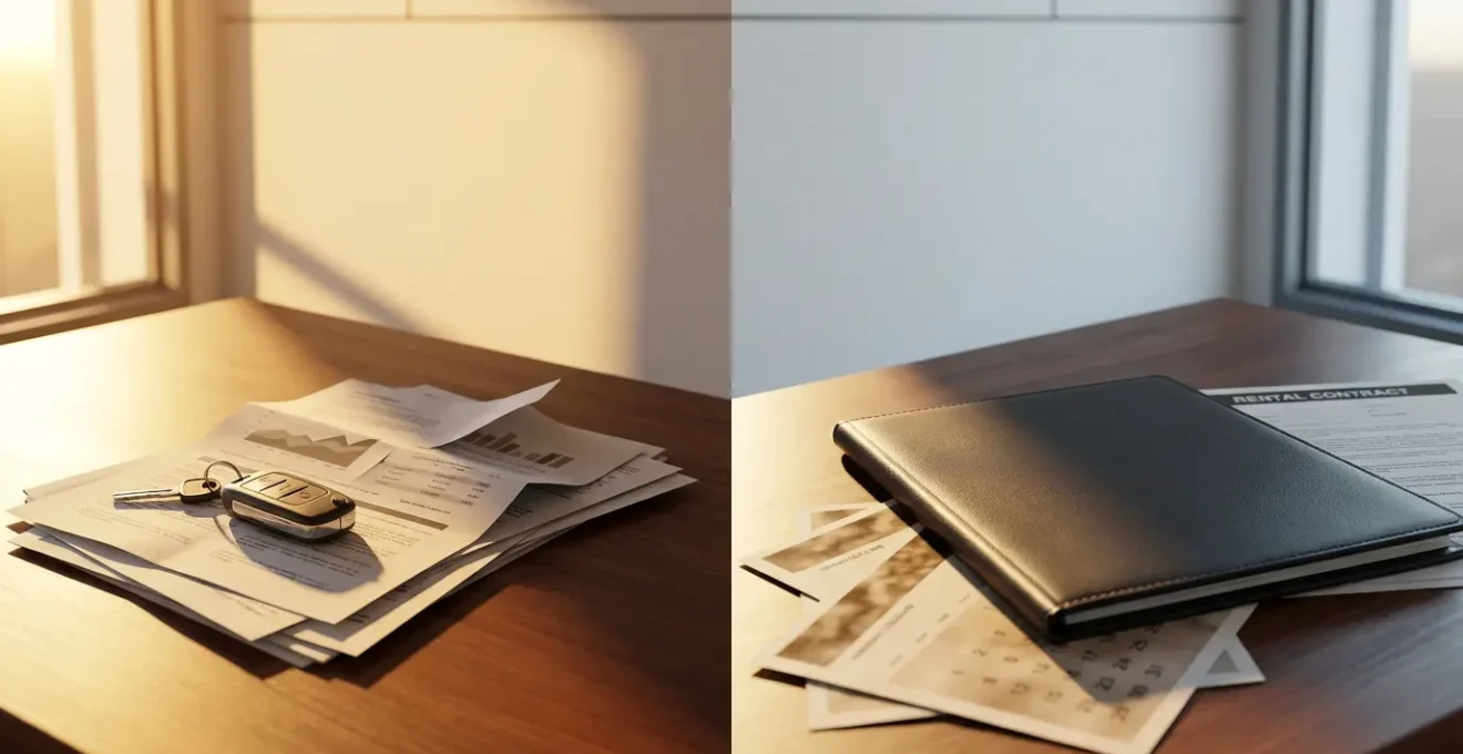 Comparaison entre contrats LOA et LLD avec clés de voiture et calculatrice sur bureau