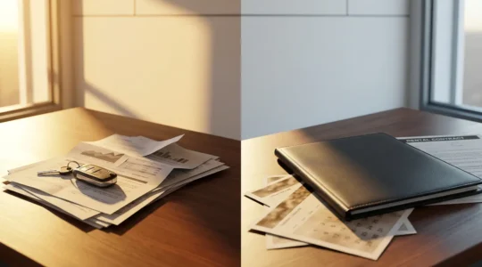 Comparaison entre contrats LOA et LLD avec clés de voiture et calculatrice sur bureau