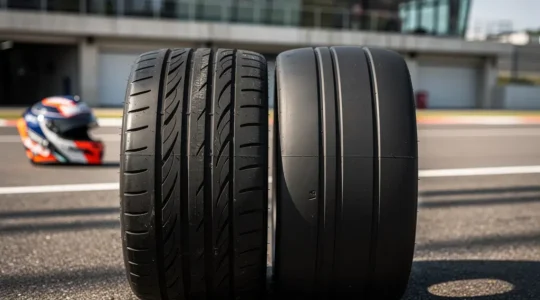 Comparaison visuelle entre pneus été et semi-slicks sur circuit automobile français