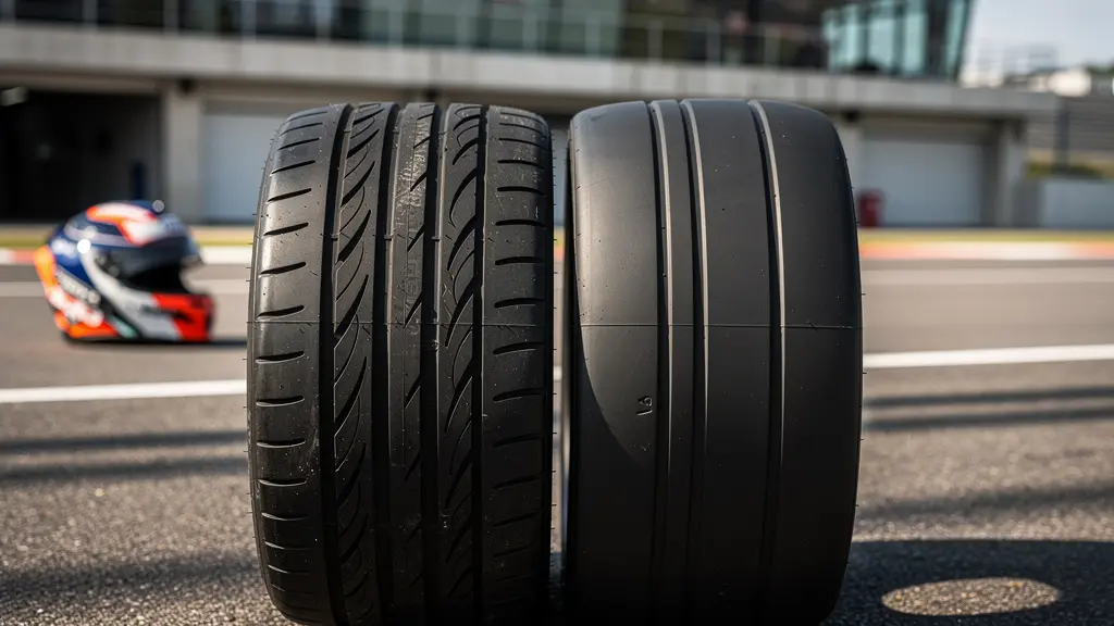 Comparaison visuelle entre pneus été et semi-slicks sur circuit automobile français