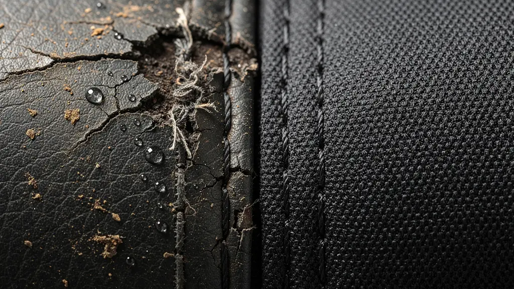 Comparaison macro entre simili-cuir dégradé et tissu technique respirant