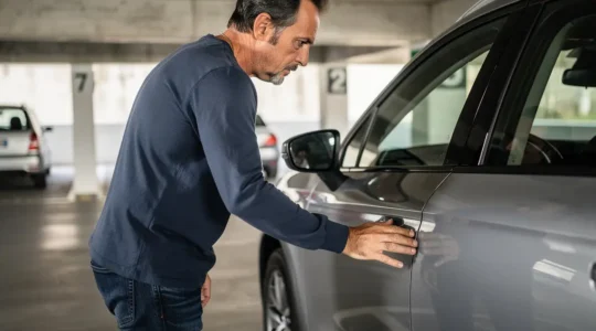 Conducteur inspectant son SUV familial dans un parking résidentiel, assurance auto tous risques