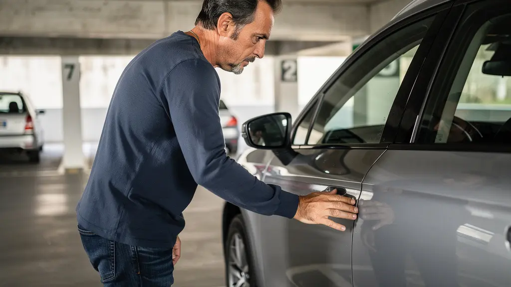 Conducteur inspectant son SUV familial dans un parking résidentiel, assurance auto tous risques