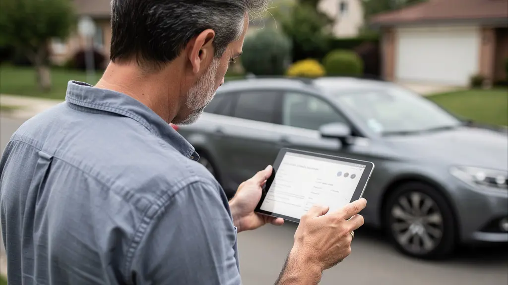 Couple français consultant une tablette devant leur véhicule familial, choix assurance auto