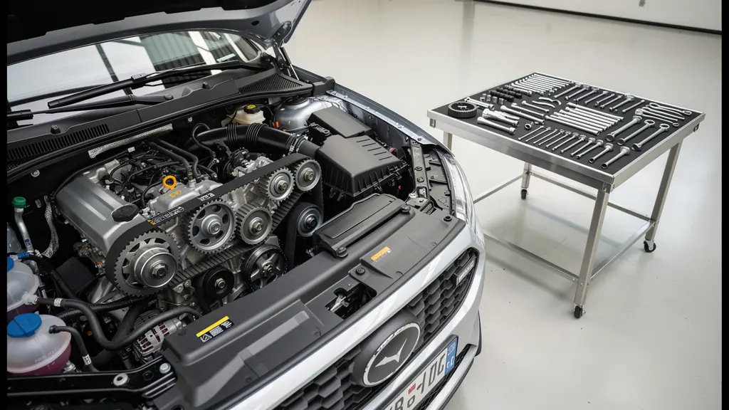 Vue détaillée d'un compartiment moteur avec courroie de distribution neuve visible