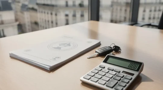 Bureau moderne avec calculatrice, documents officiels et clés de voiture électrique sur une table en bois