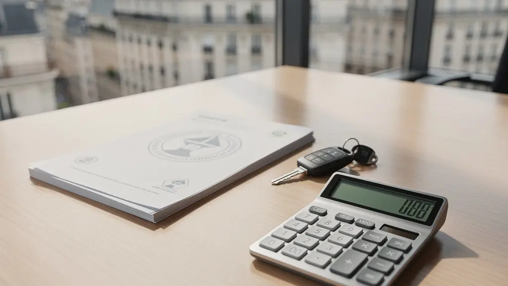 Bureau moderne avec calculatrice, documents officiels et clés de voiture électrique sur une table en bois