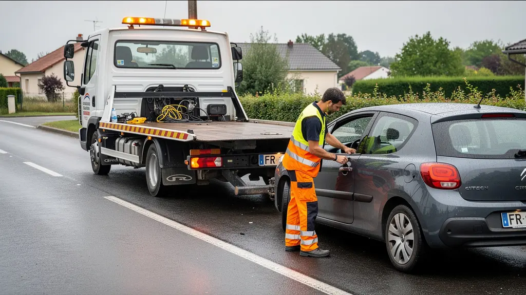 Technicien de dépannage préparant le remorquage d'un véhicule en panne, assistance auto