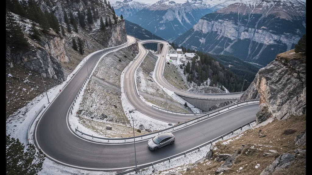 Vue aérienne d'une route de montagne en descente avec véhicule électrique