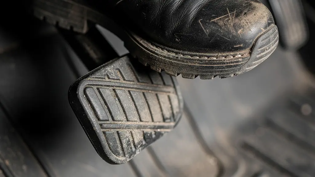 Gros plan macro sur un pied posé sur la pédale d'embrayage d'une voiture