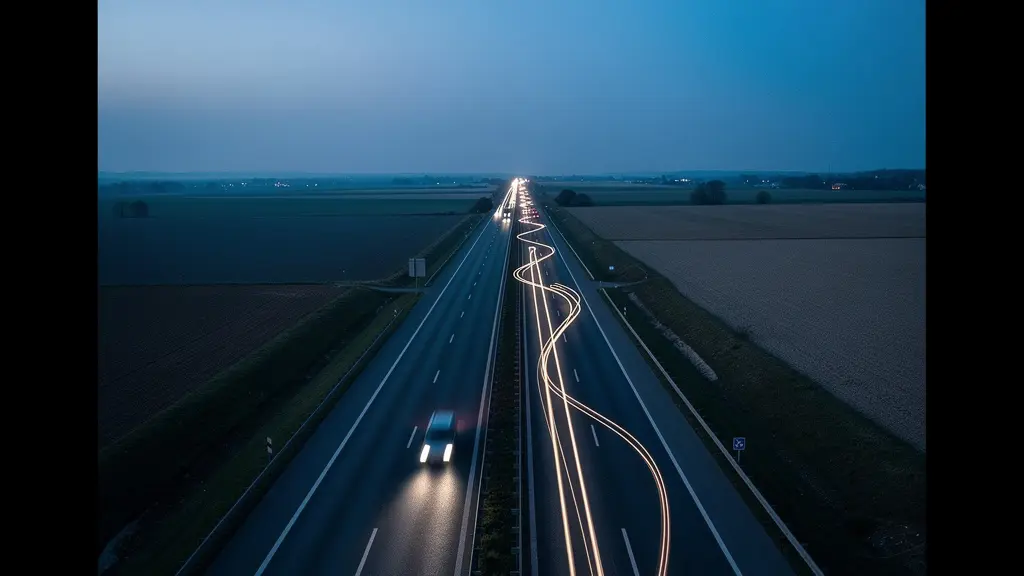 Vue aérienne d'une voiture effectuant des micro-écarts de trajectoire sur autoroute