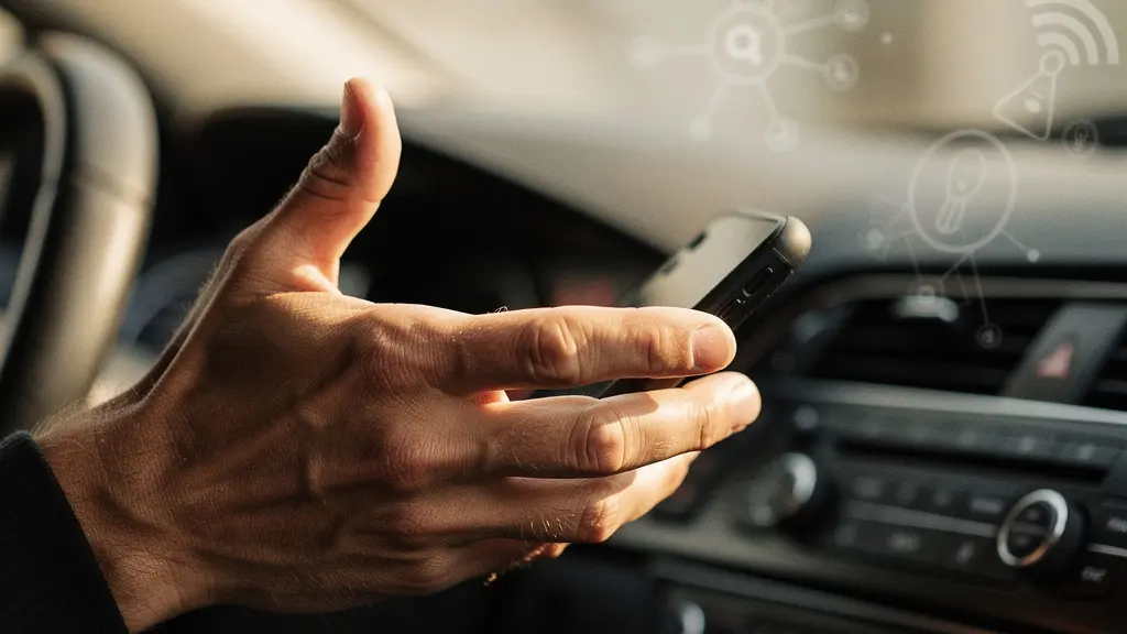 Gros plan sur une main tenant un smartphone près du tableau de bord d'une voiture, montrant une tentative de connexion Bluetooth
