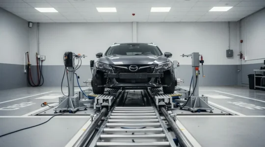 Analyse technique d'une voiture sur banc de test montrant l'impact des amortisseurs usés sur la distance de freinage