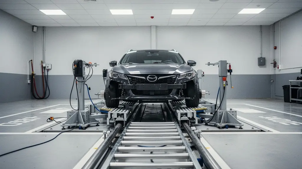 Analyse technique d'une voiture sur banc de test montrant l'impact des amortisseurs usés sur la distance de freinage